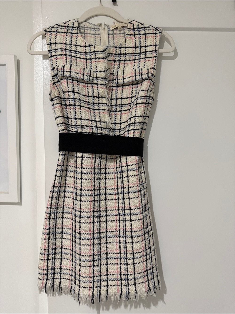 Maje Ivory Plaid Tweed Mini Dress with Black Waistband